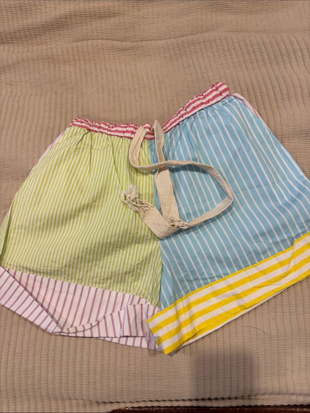 STAUD Multi-Stripe Elastic Waist Shorts in Pink, Green & Blue